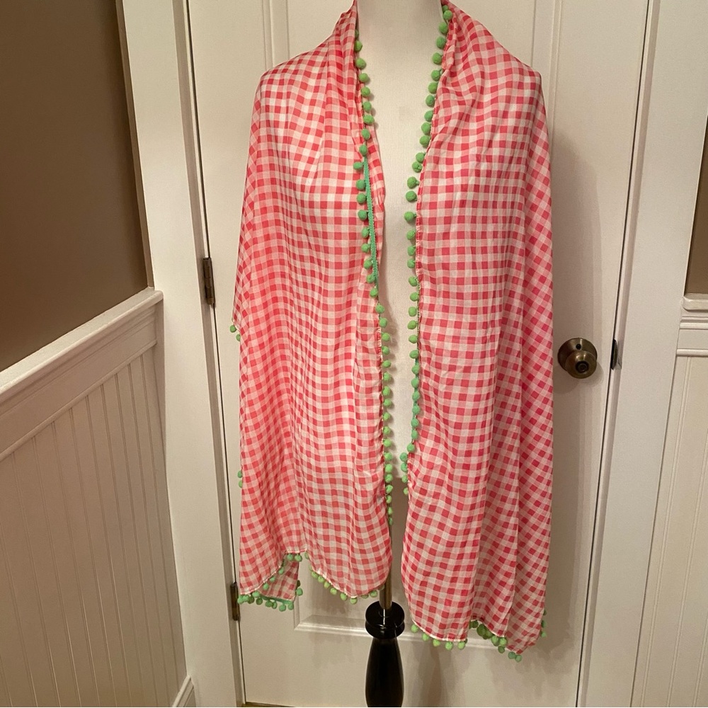 VINEYARD VINES SCARF PINK WHITE GINGHAM CHECK GREEN POM POMS LONG RECTANGLE WRAP